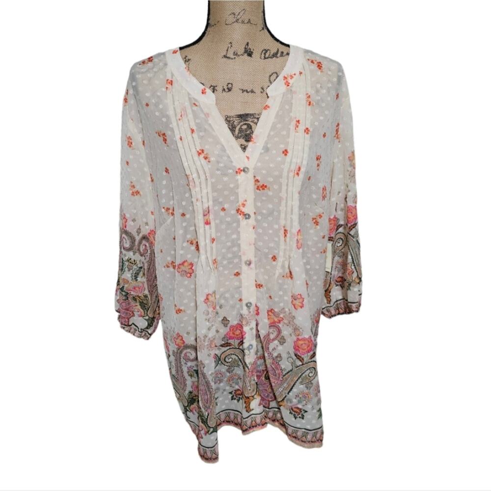 Anthropologie x Fig and flower Swiss Dot Pleated Slightly Sheer Blouse Plus Size